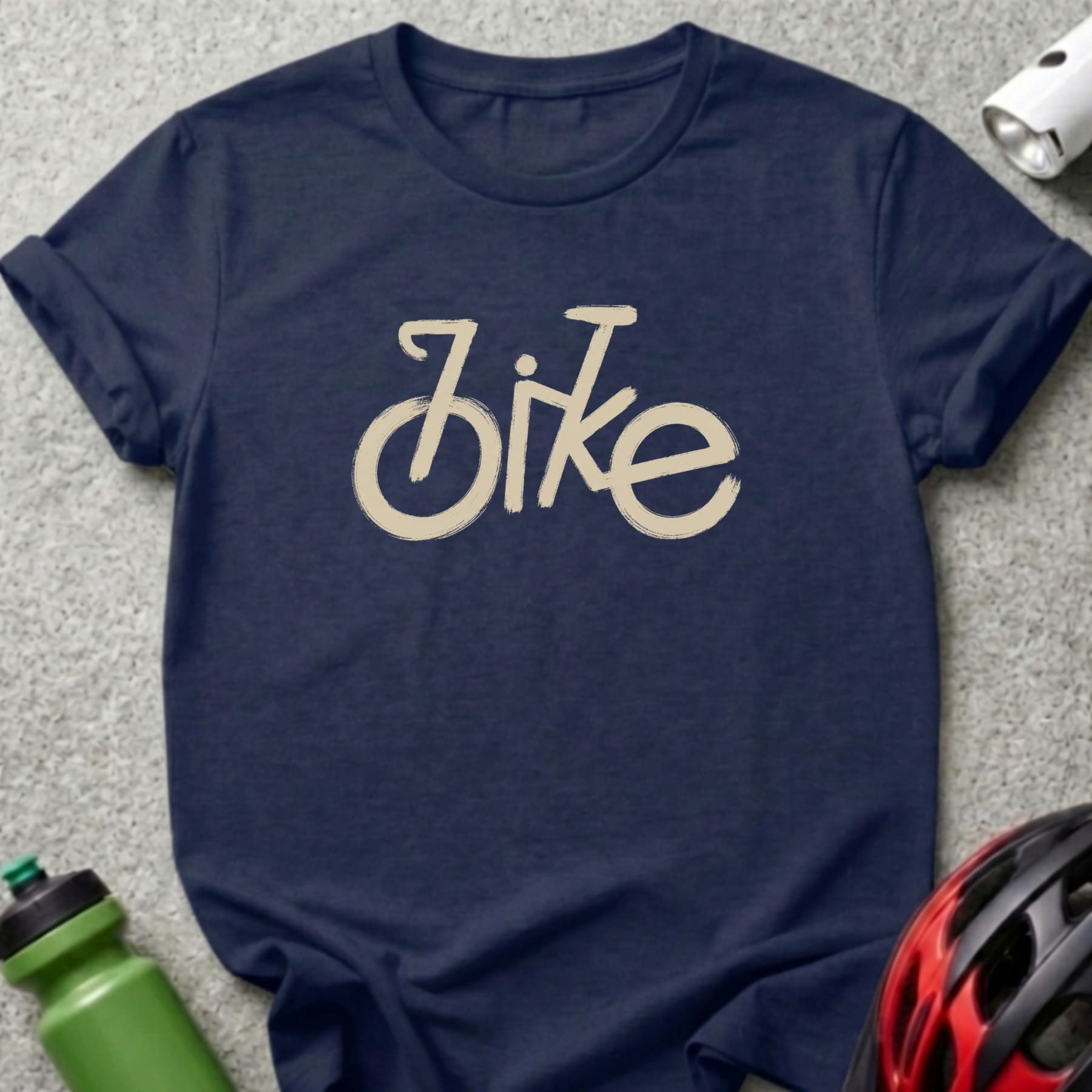 Navy t-shirt with a stylized "bike" graphic in cream.
