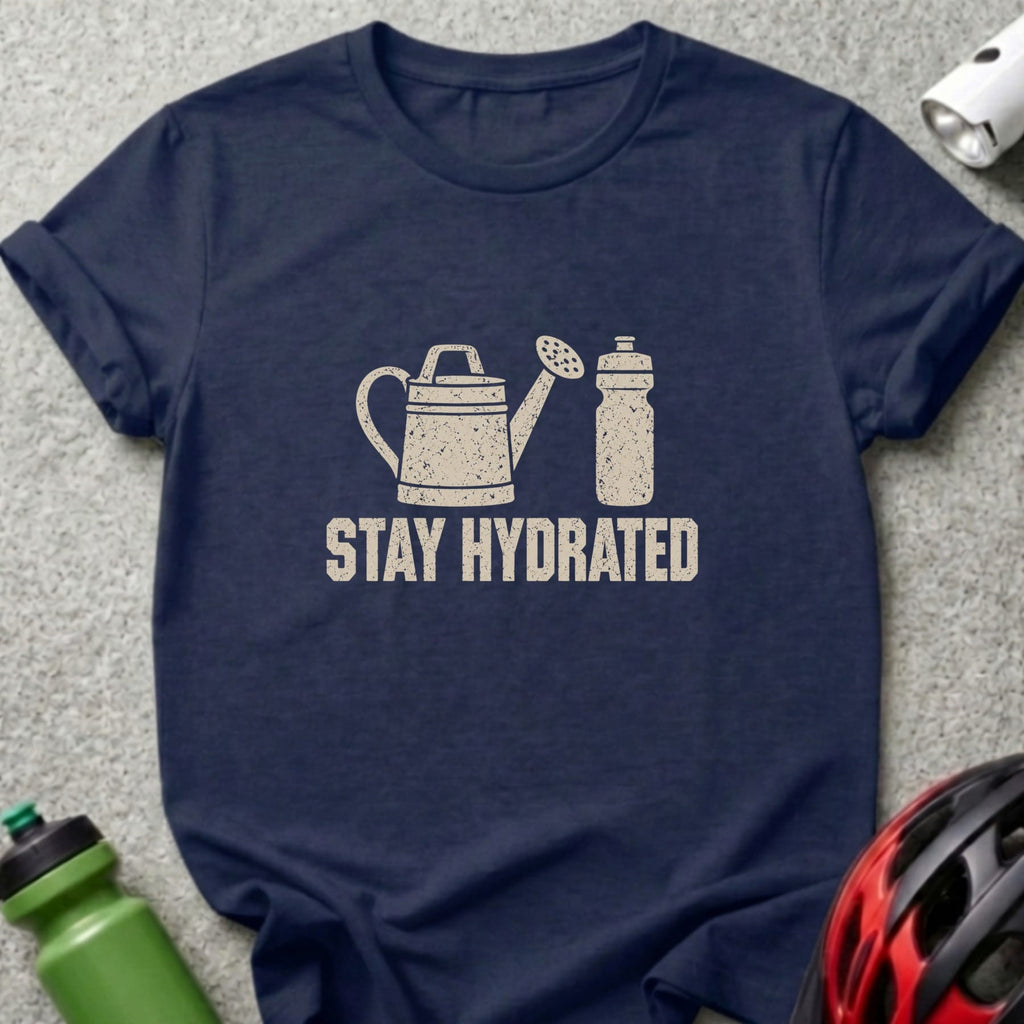 A dark blue t-shirt with a white graphic of a watering can, water bottle, and the text STAY HYDRATED.