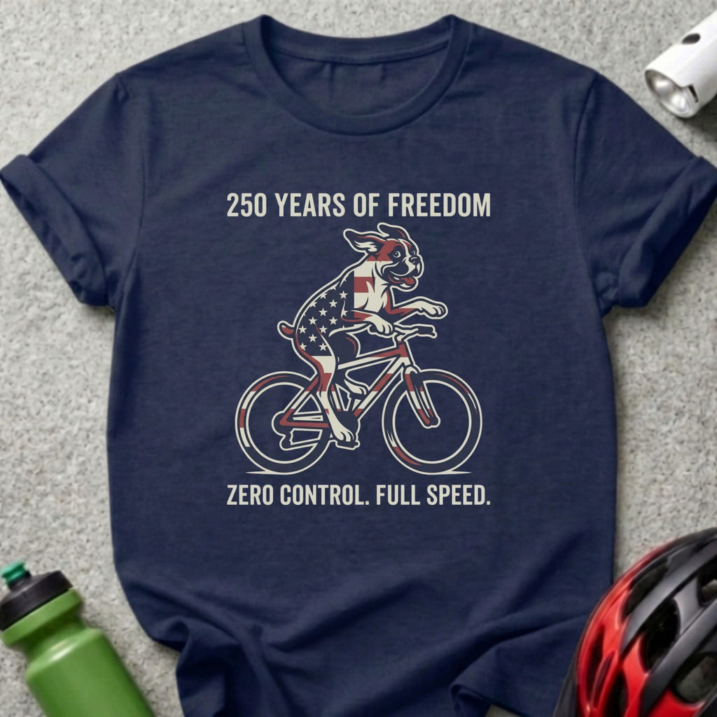 Navy t-shirt with a boxer dog on a bicycle, American flag design, text "250 YEARS OF FREEDOM ZERO CONTROL. FULL SPEED."