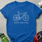Blue t-shirt with white line drawing of a bicycle and text "KEEP MOVING".