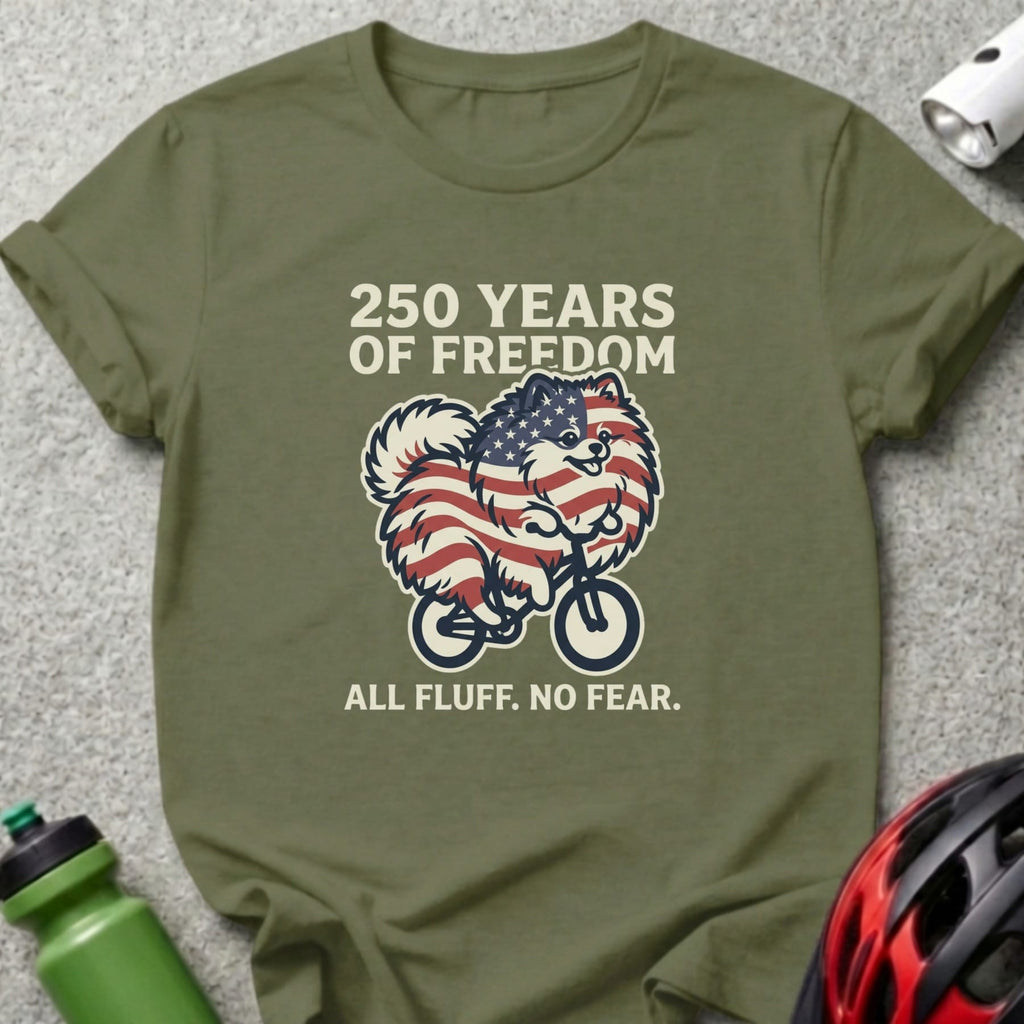 Green t-shirt with a patriotic dog riding a bike, text "250 Years of Freedom. All Fluff. No Fear."