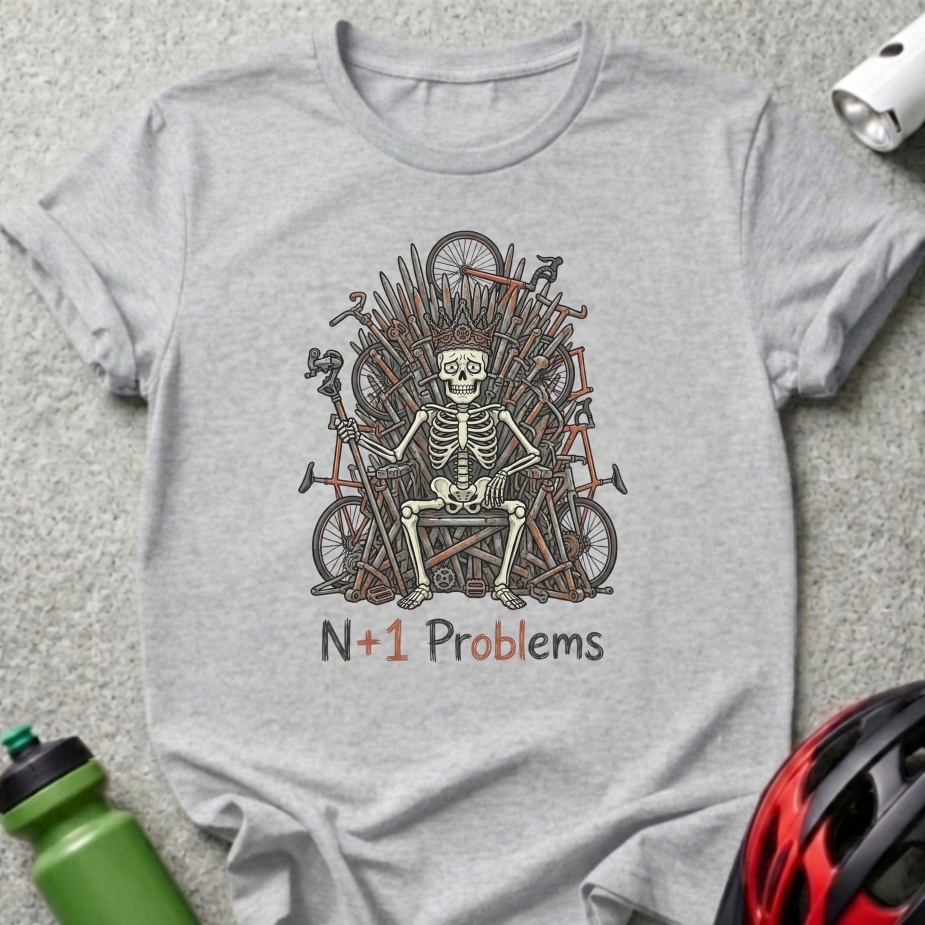 N+1 Problems Skeleton on Bike Throne T-Shirt