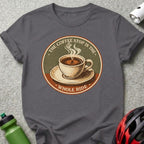 T-shirt graphic with coffee cup and bicycle, "The Coffee Stop Is The Whole Ride".