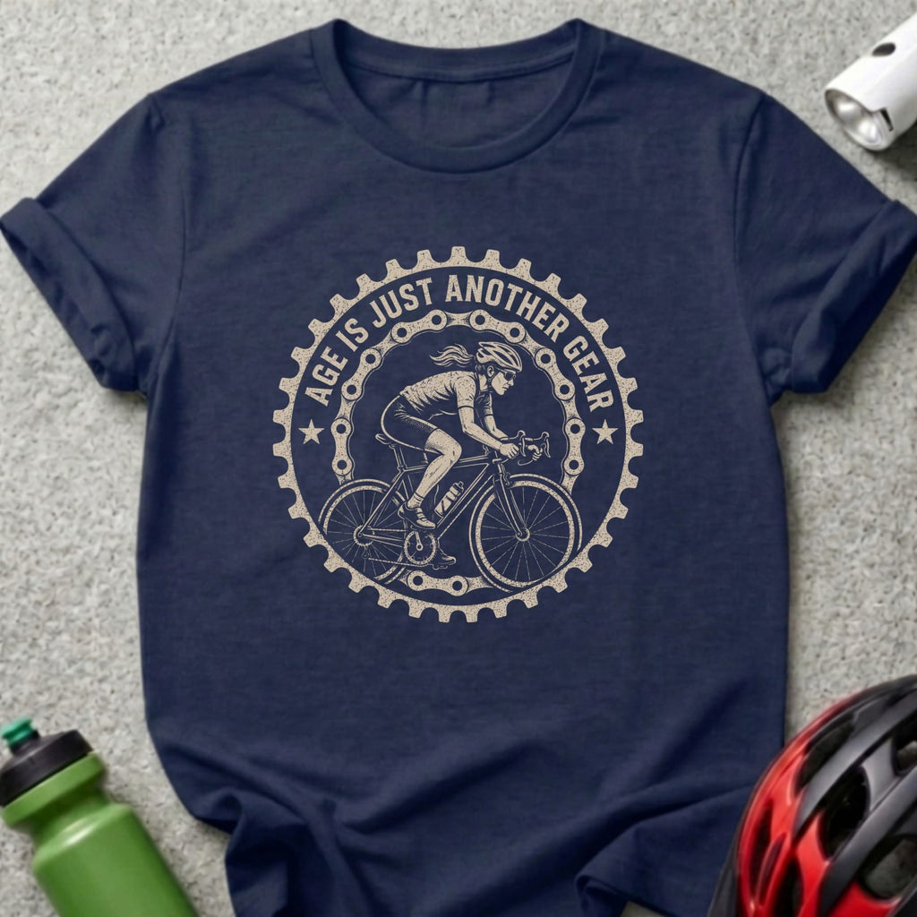 Navy t-shirt with graphic "AGE IS JUST ANOTHER GEAR" and cyclist illustration.