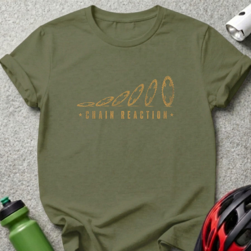 Olive green t-shirt with a chain reaction graphic and text.