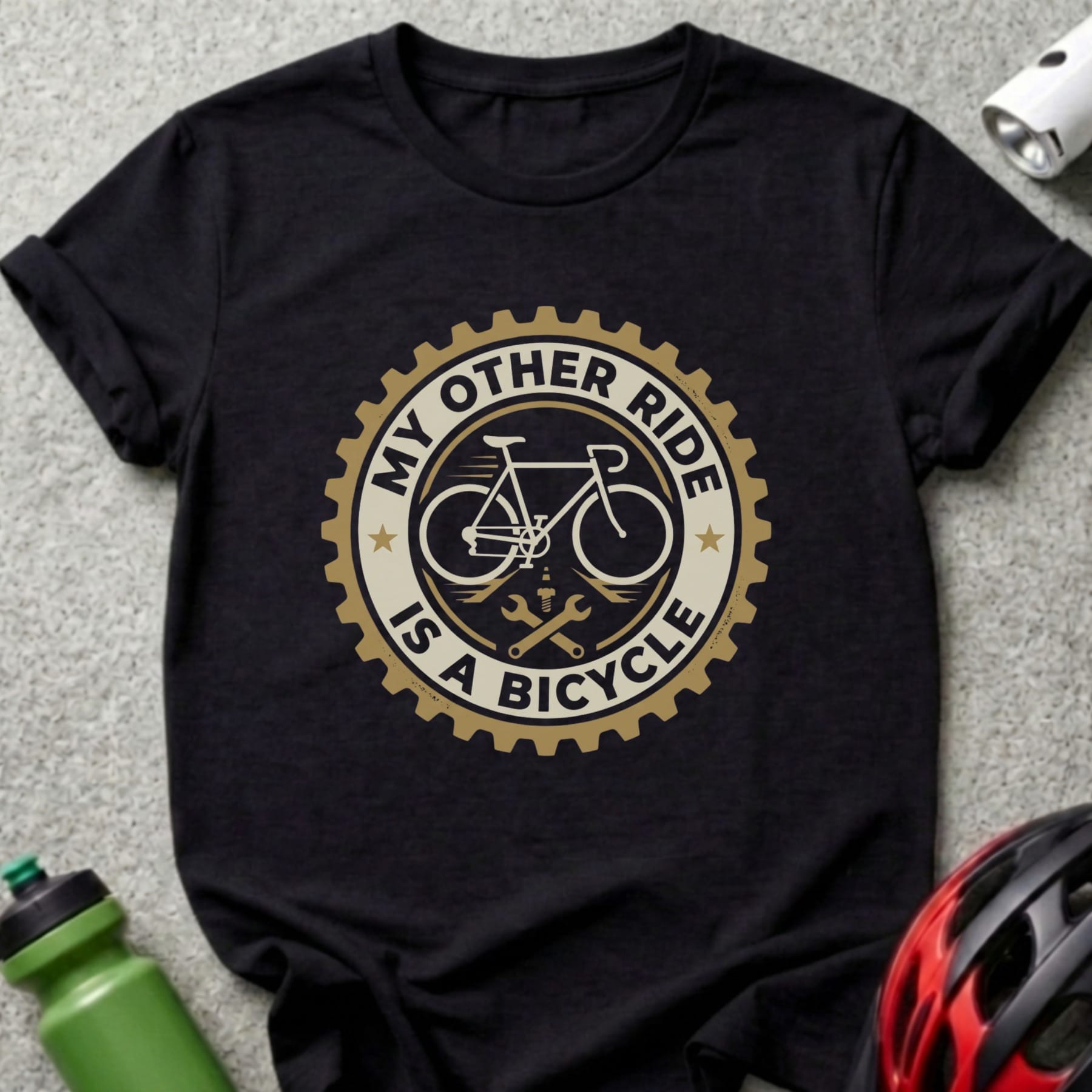 Black t-shirt with a circular "My Other Ride Is A Bicycle" graphic and gears.