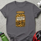 Gray t-shirt with illustration of a jar full of coins and a bicycle labeled "The Bike Fund".