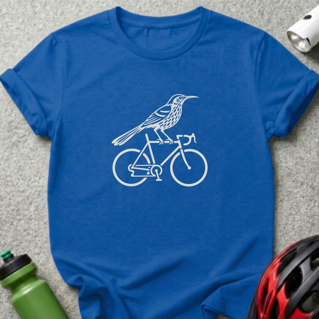 A bright blue t-shirt features a white graphic of a bird perched on a bicycle.