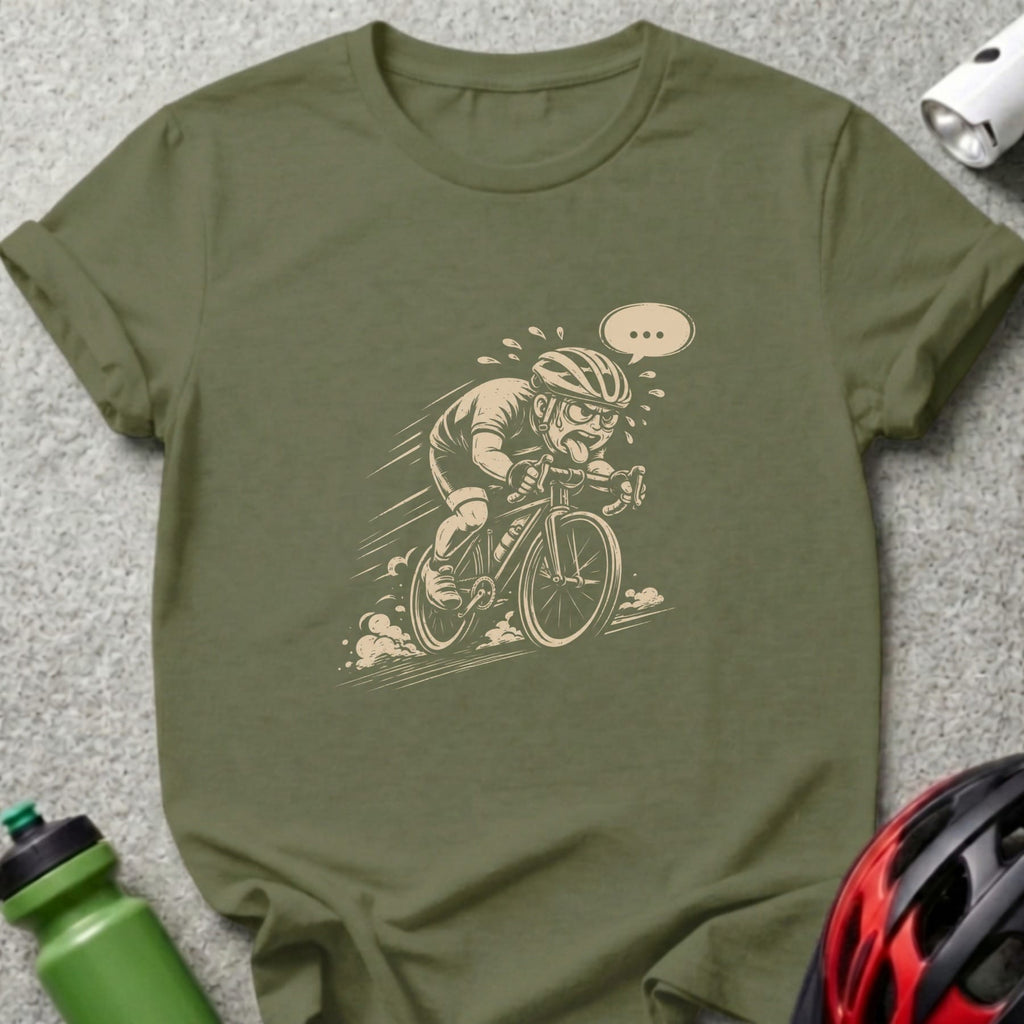 T-shirt featuring a cartoon cyclist pedaling hard with a speech bubble.