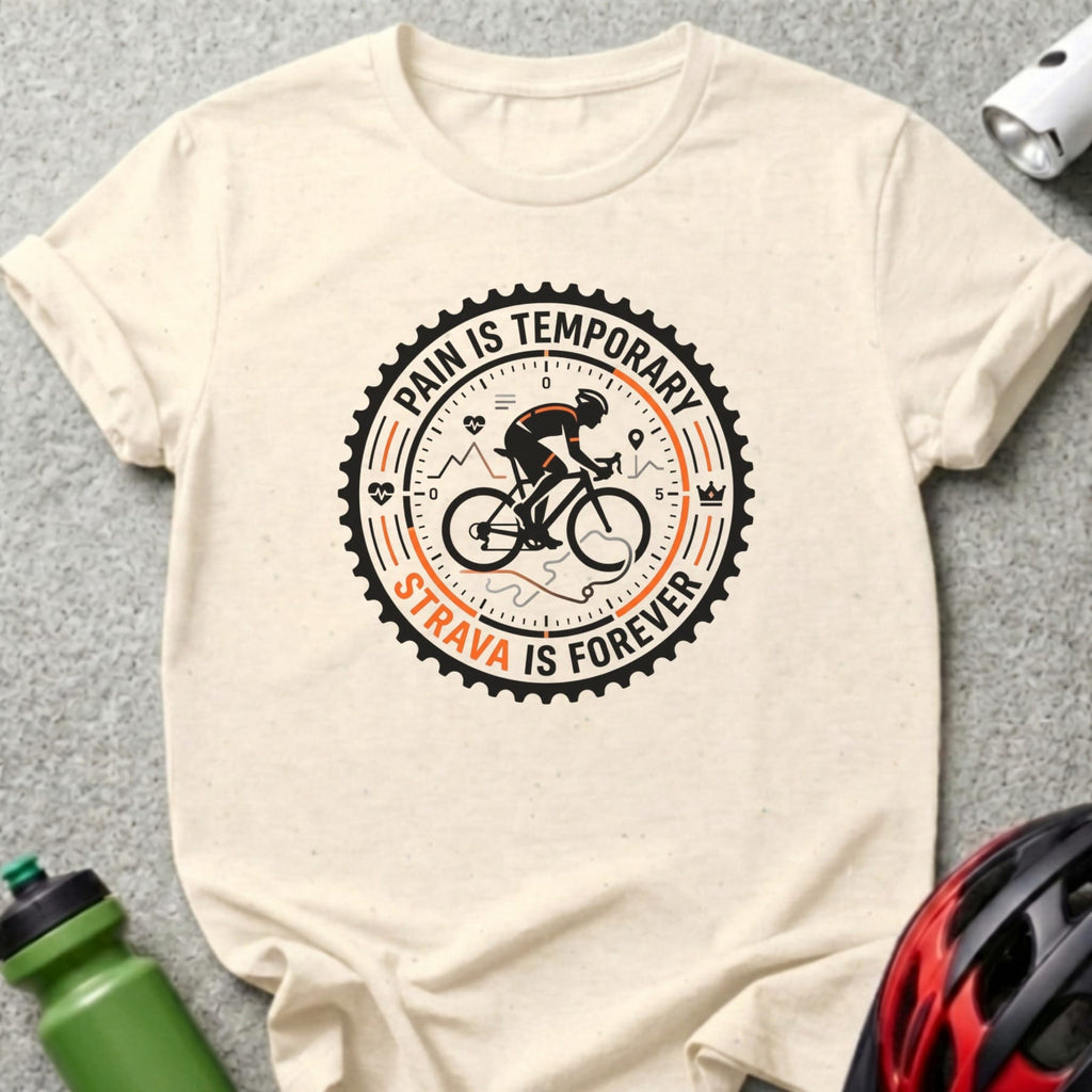 T-shirt with black and orange Strava logo featuring a cyclist and gear design.