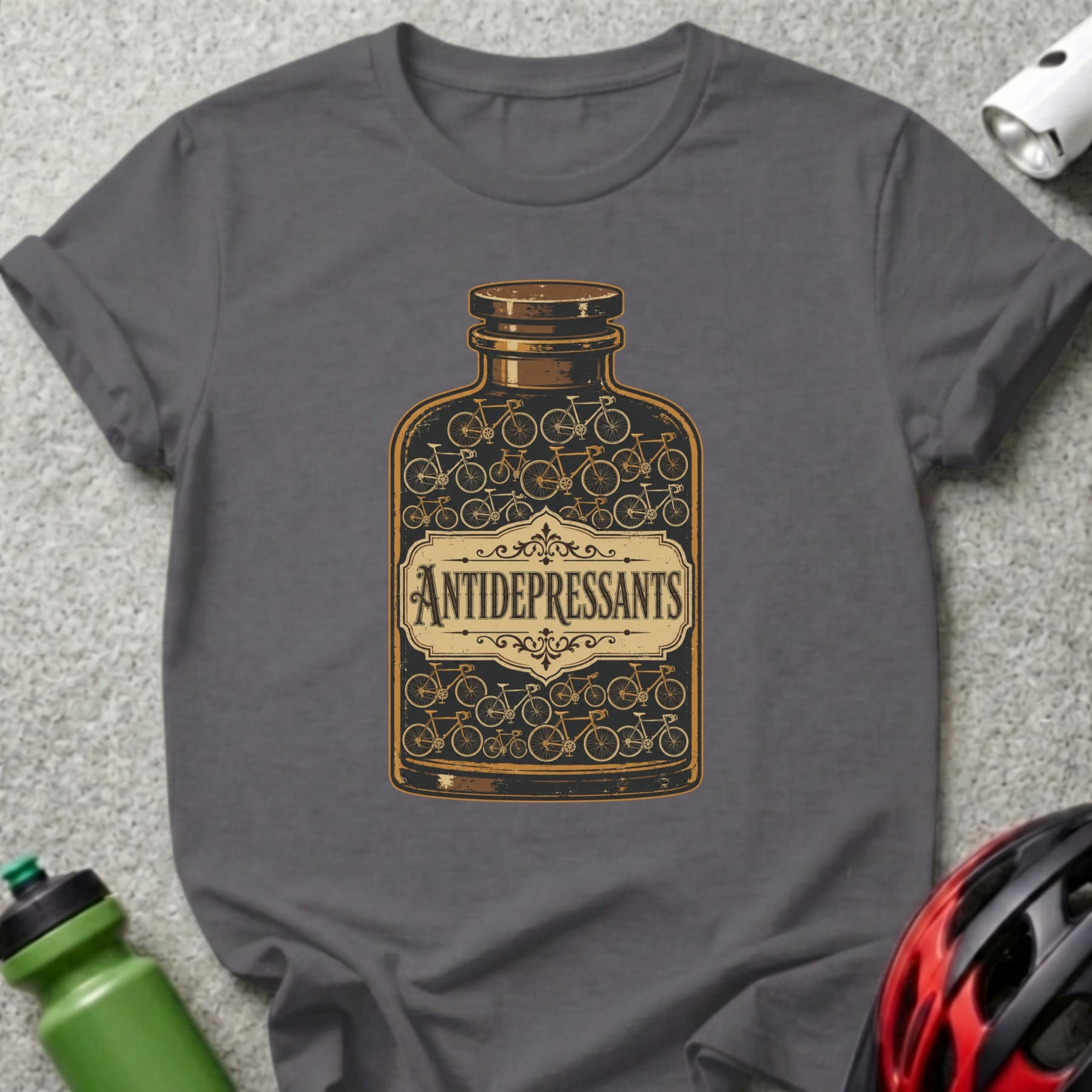 T-shirt with a bottle illustration labeled "ANTIDEPRESSANTS" filled with bicycles.