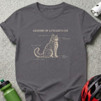 Charcoal gray t-shirt featuring a humorous diagram titled Anatomy of a Cyclist's Cat with labeled body parts.
