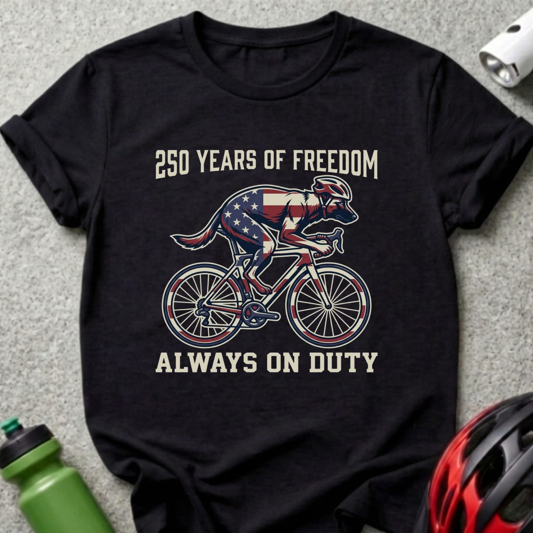 Black t-shirt with "250 Years of Freedom Always on Duty" and patriotic dog on a bicycle.