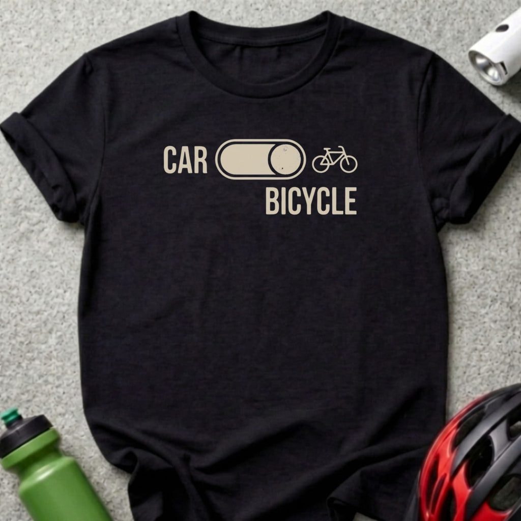 Black t-shirt with "CAR" and "BICYCLE" options, with bicycle icon selected.