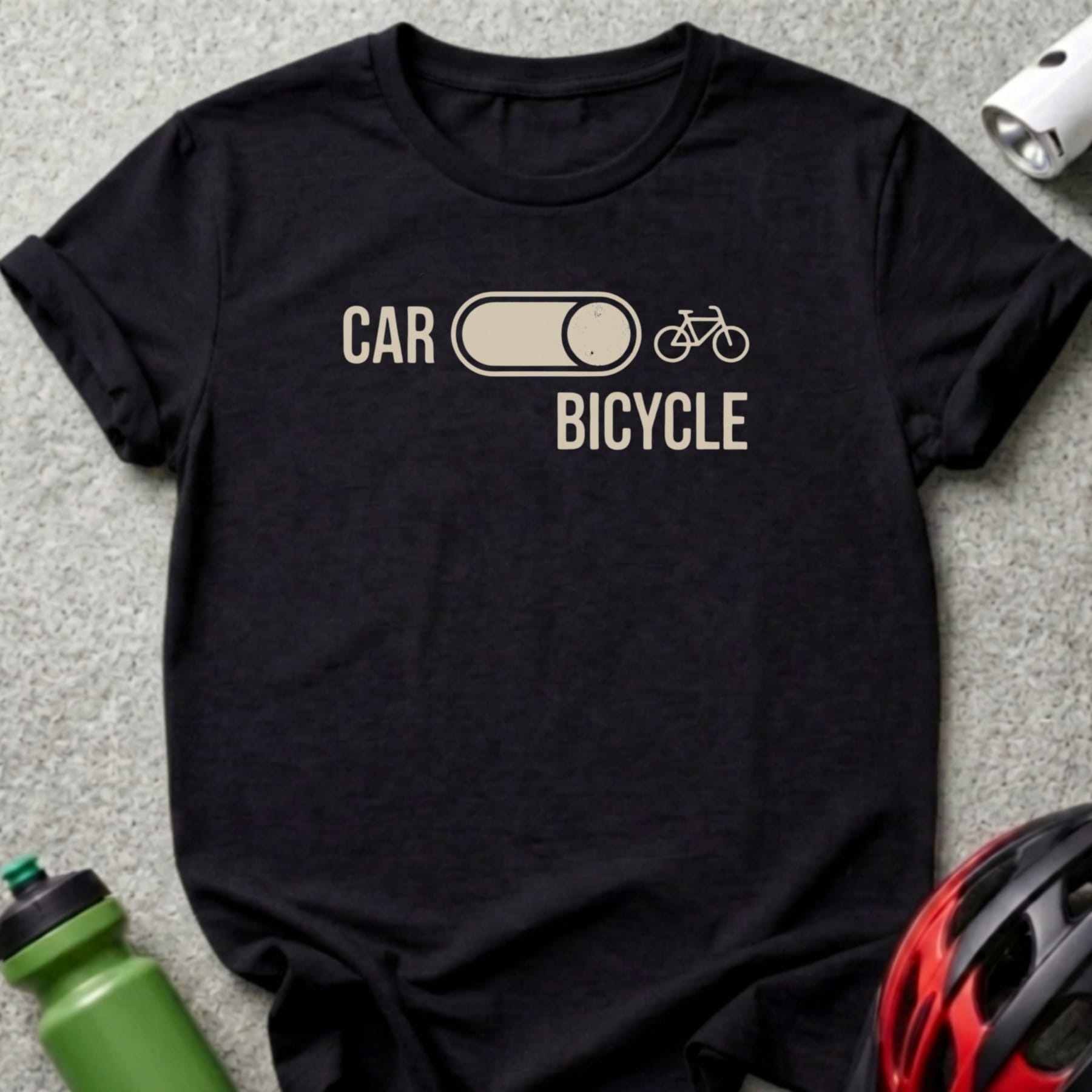 Black t-shirt with "CAR" and "BICYCLE" options, with bicycle icon selected.