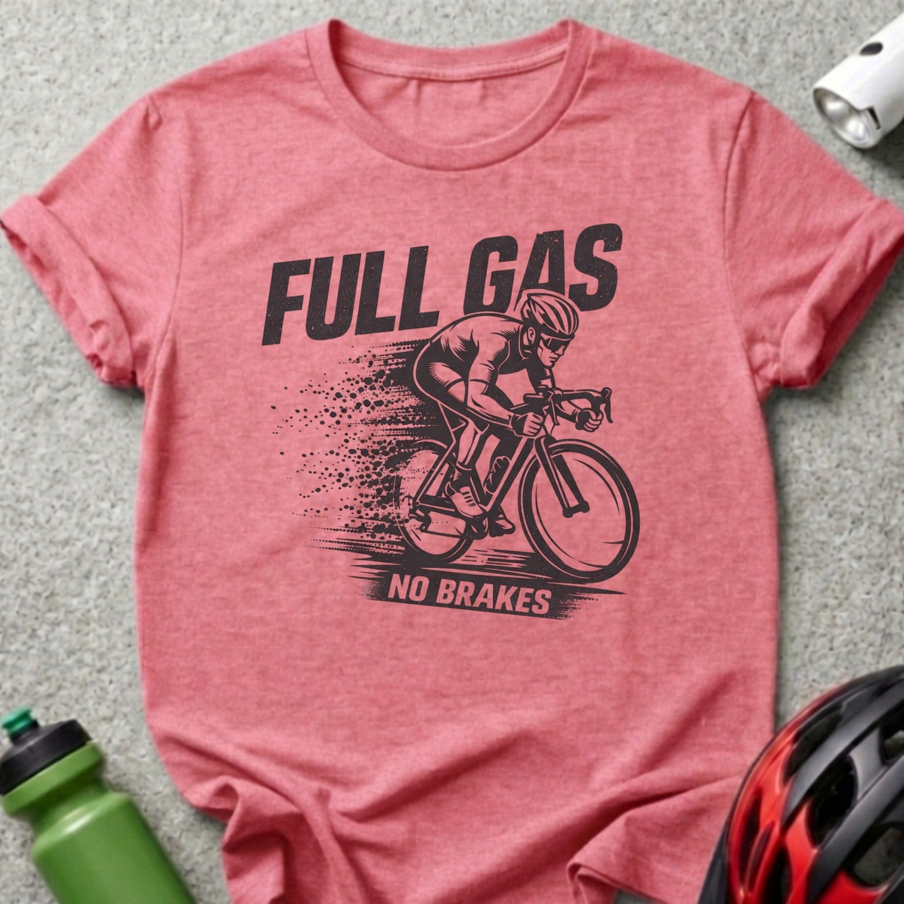 Red t-shirt with "FULL GAS NO BRAKES" graphic of a cyclist.