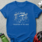 Blue t-shirt with "Predator in the Pack" text and a shark cycling with a group.