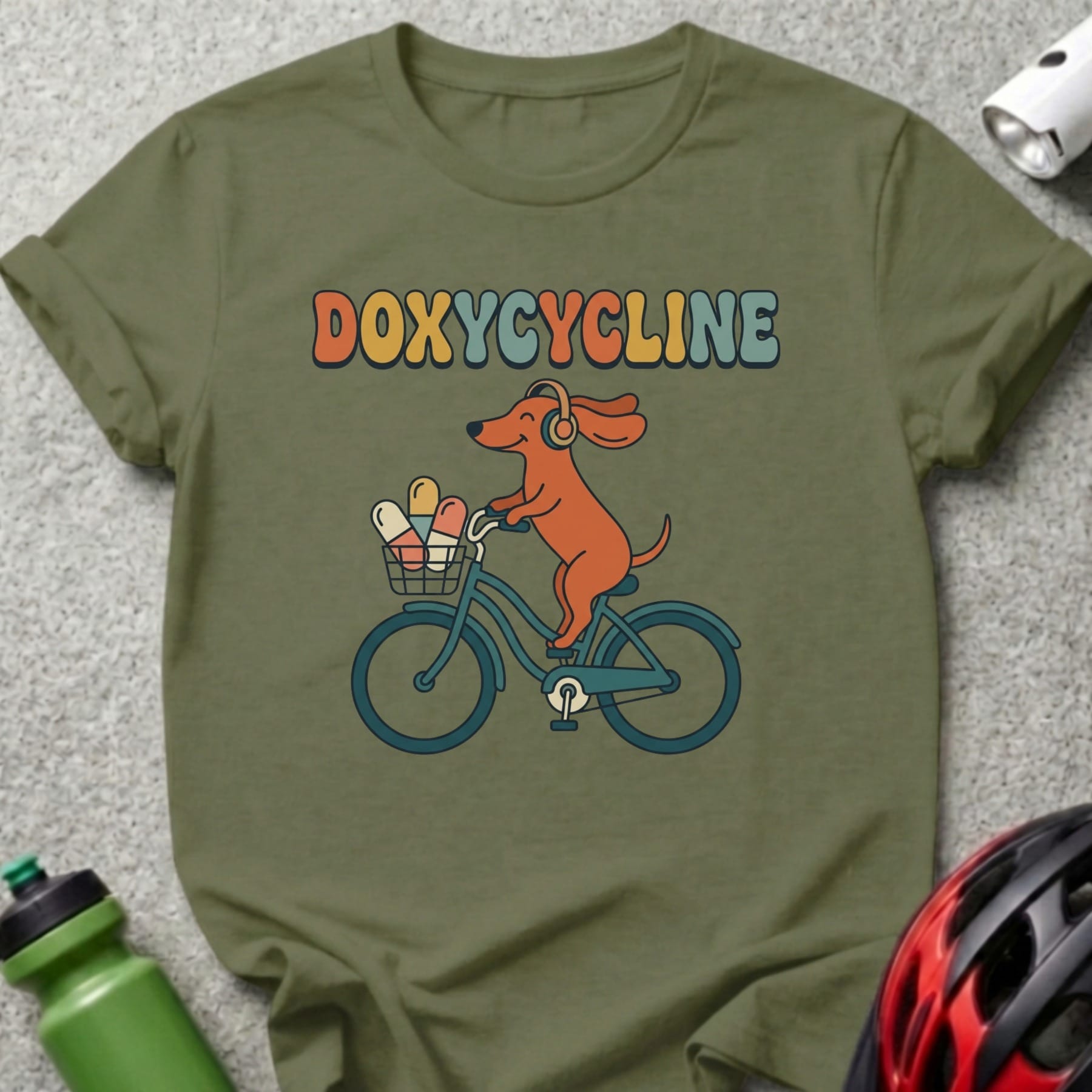Dachshund on bicycle wearing headphones, carrying medicine capsules.