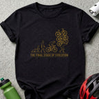 Black t-shirt with yellow "The Final Stage of Evolution" text and bike graphics.