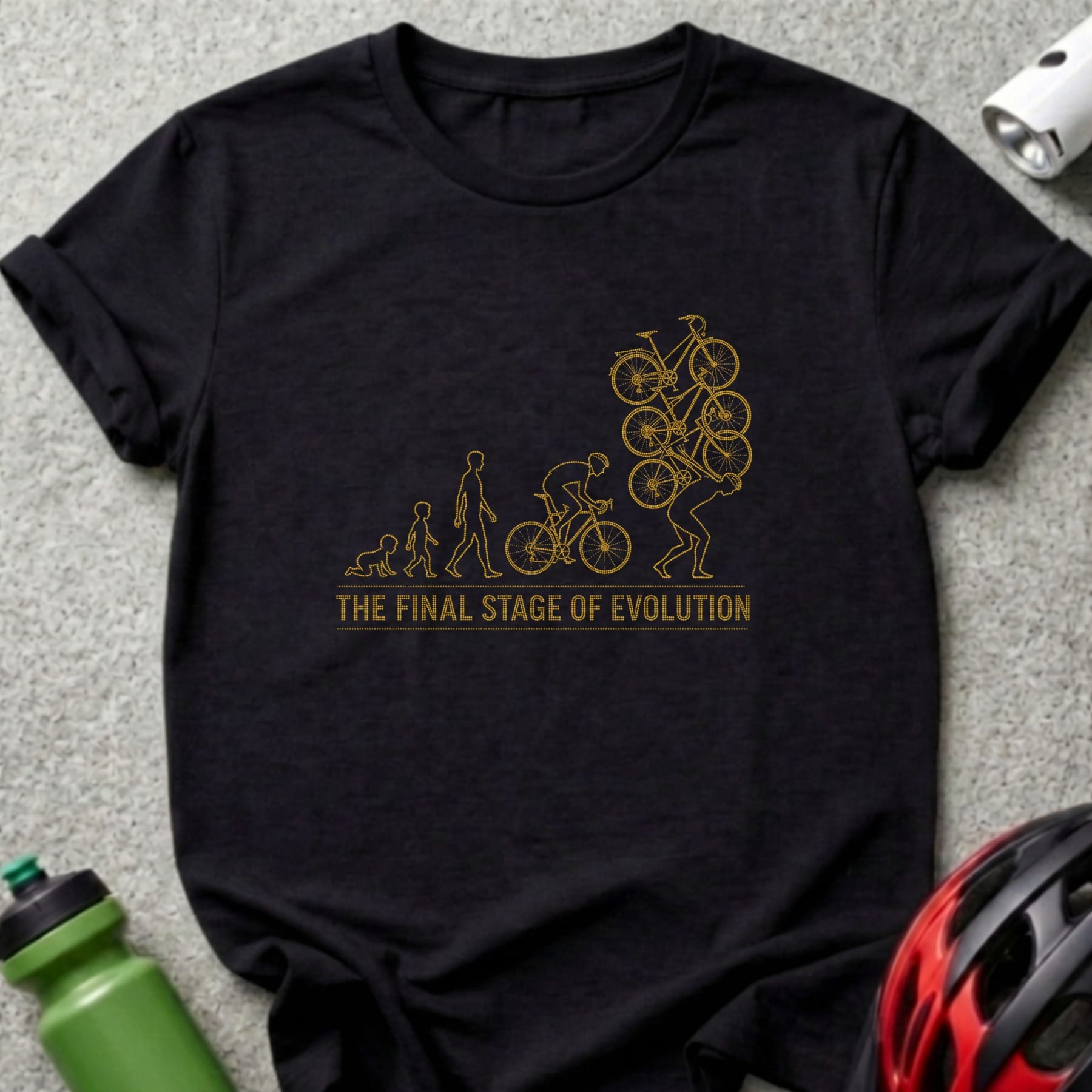 Black t-shirt with yellow "The Final Stage of Evolution" text and bike graphics.