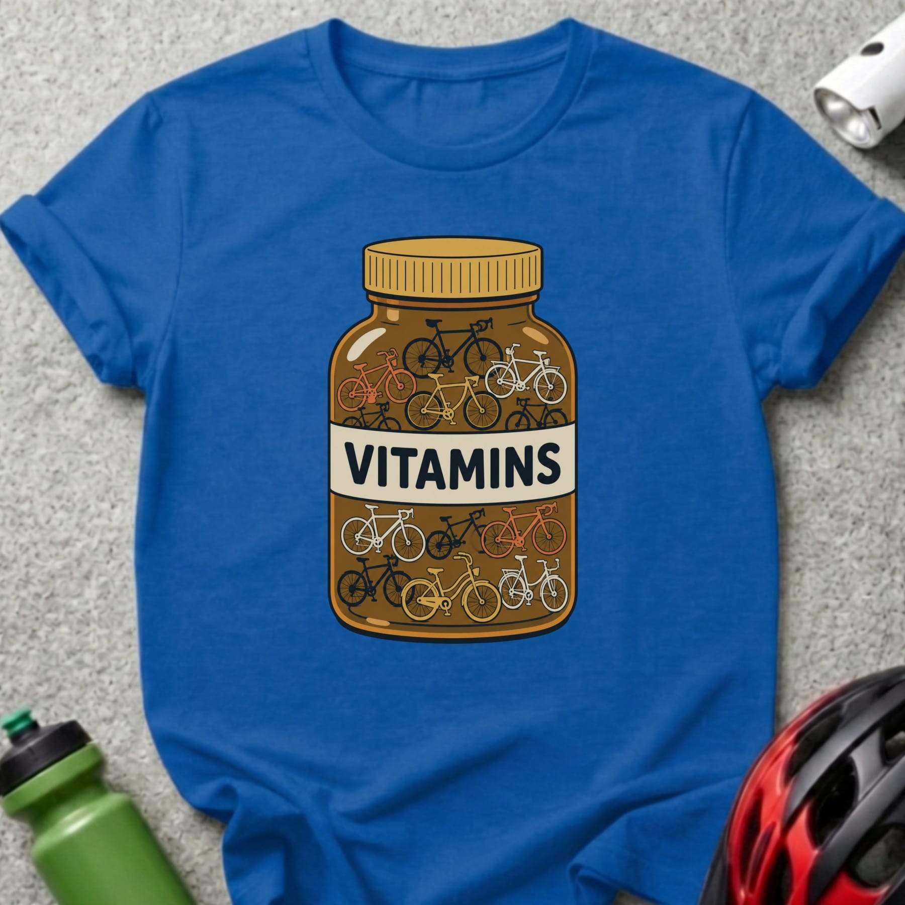 Bottle of bicycle vitamins with various bike illustrations and text.