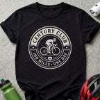 T-shirt graphic with cyclist and "Century Club 100 Miles One Day" text.