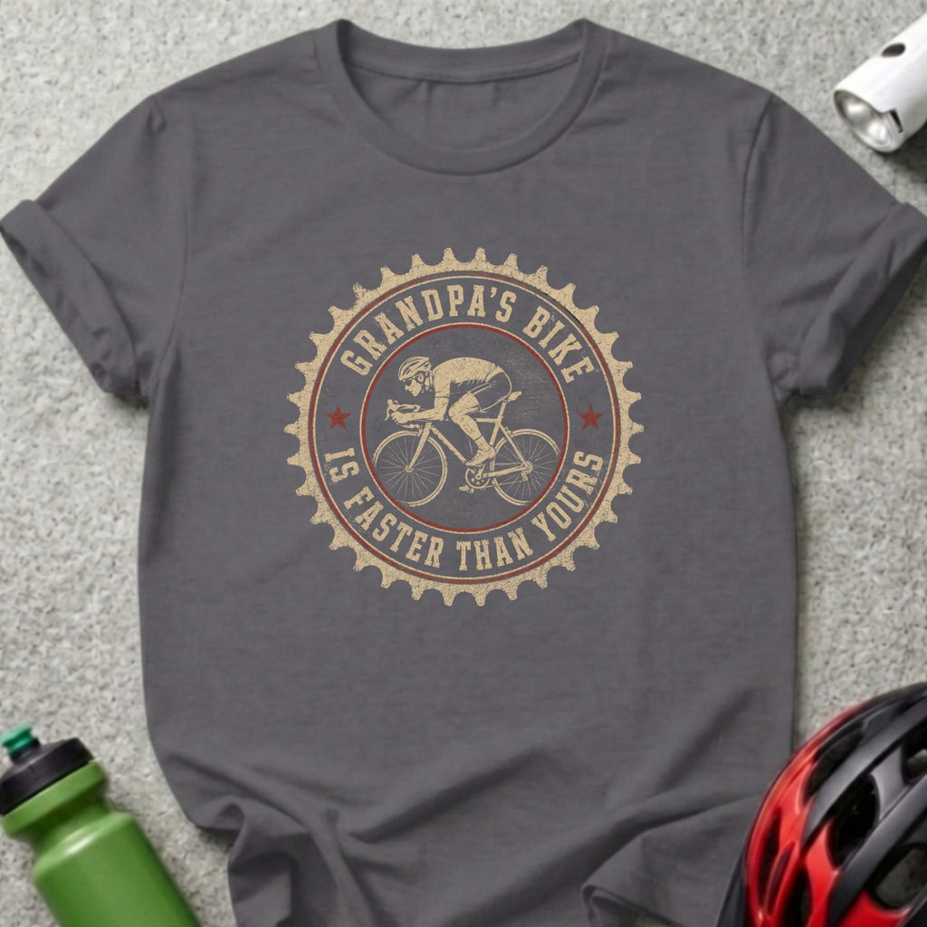 Gray t-shirt with vintage cycling graphic: "Grandpa's Bike Is Faster Than Yours"