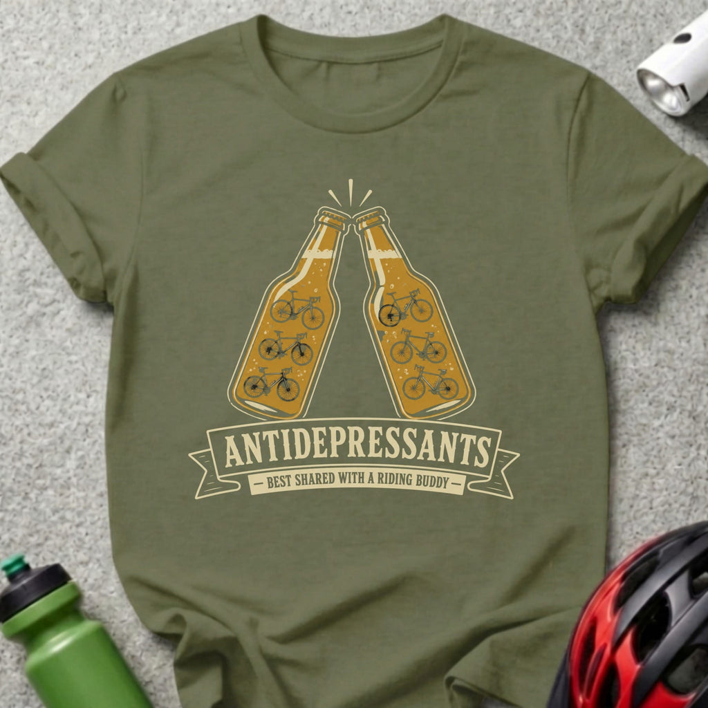 Two beer bottles with bicycles on them, labeled "ANTIDEPRESSANTS BEST SHARED WITH A RIDING BUDDY".