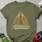 Two beer bottles with bicycles on them, labeled "ANTIDEPRESSANTS BEST SHARED WITH A RIDING BUDDY".