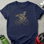 Roman centurion in full armor riding a bicycle.