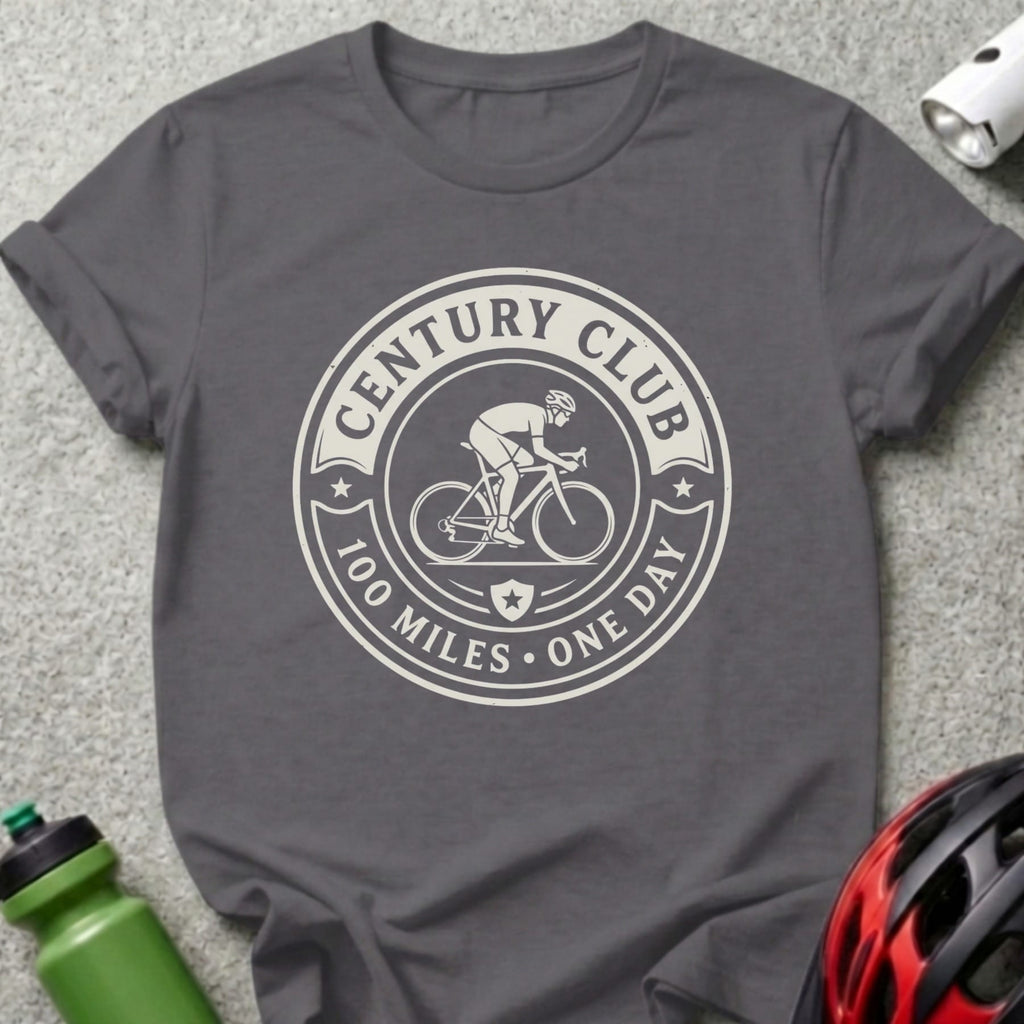 Grey t-shirt with "CENTURY CLUB 100 MILES ONE DAY" logo featuring a cyclist.