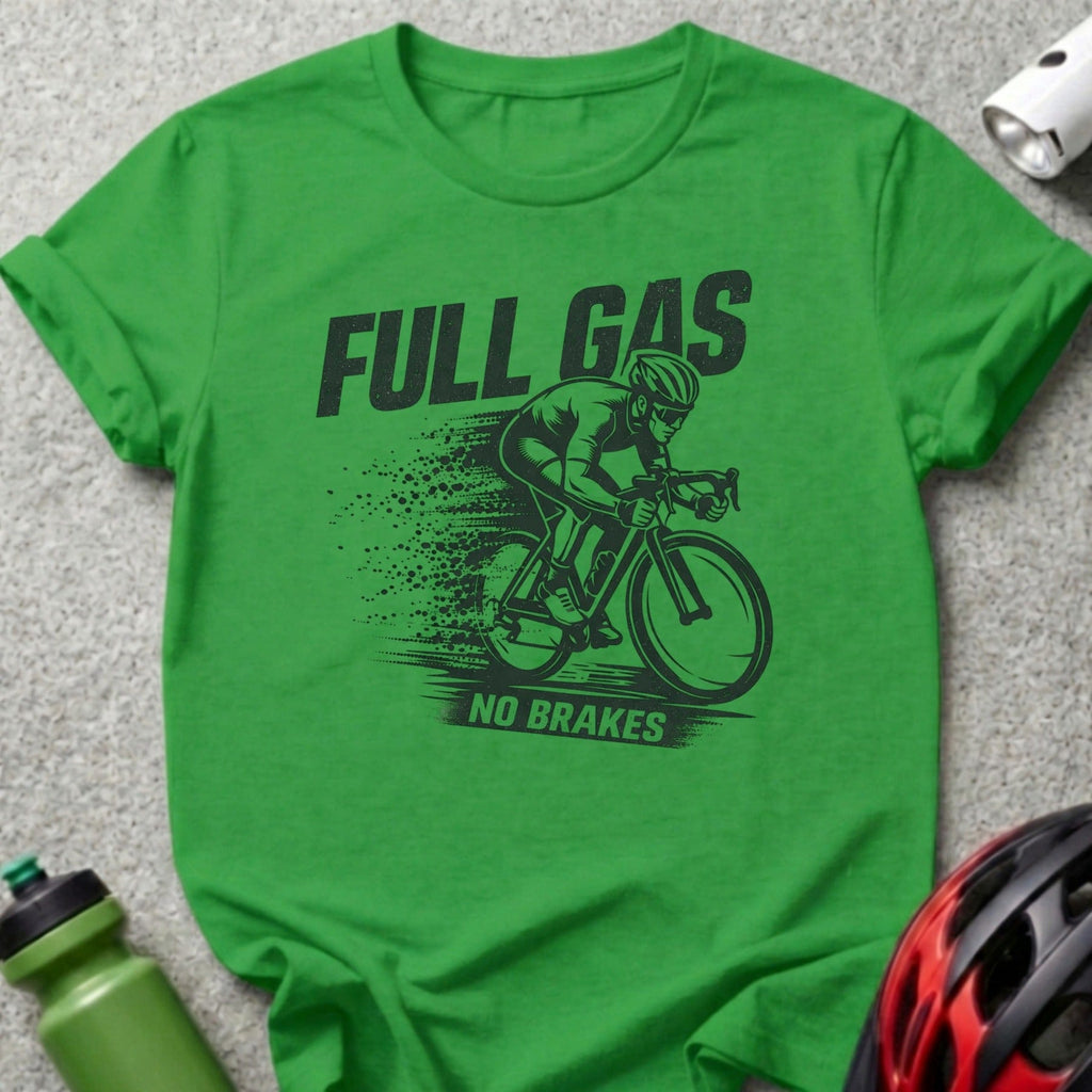 Green t-shirt with "FULL GAS NO BRAKES" text and cyclist graphic.