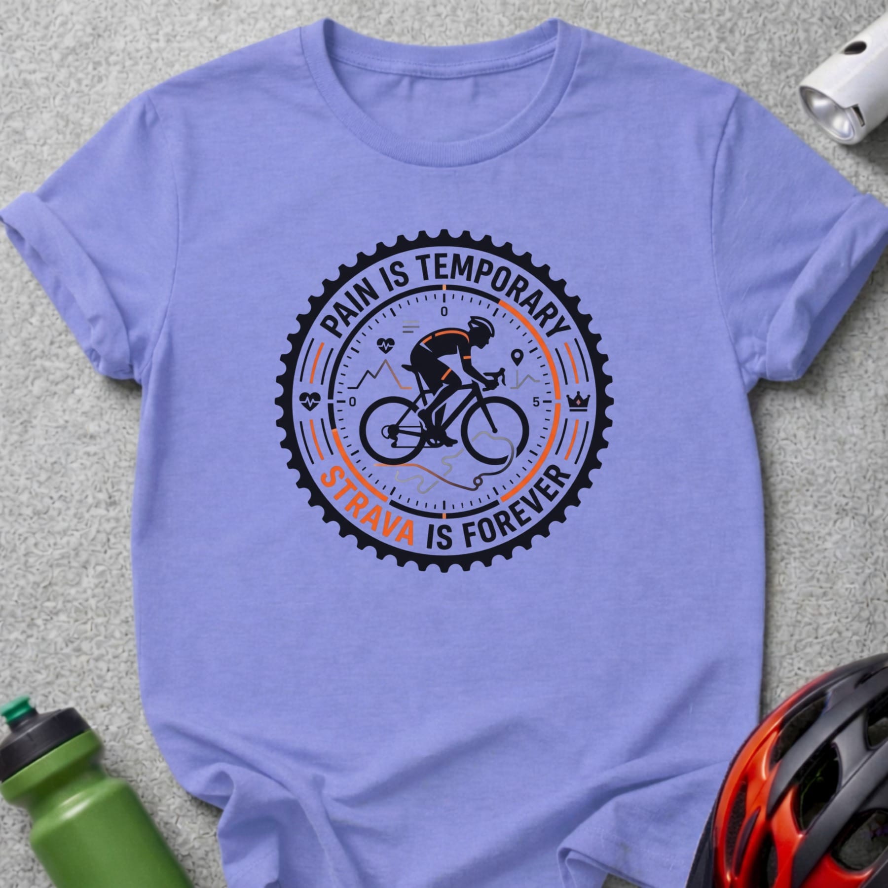 Purple t-shirt with black and orange "STRAVA IS FOREVER" circular graphic.