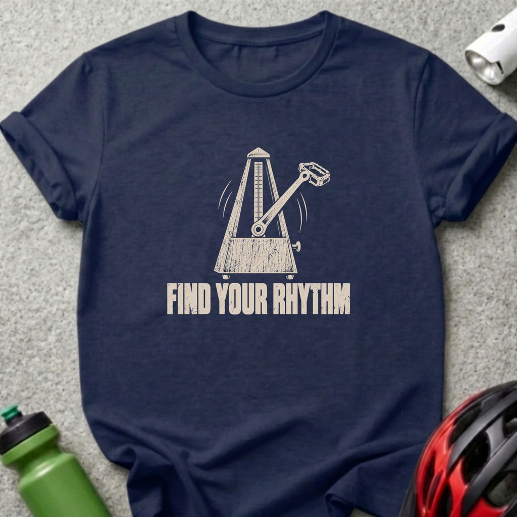 A dark blue t-shirt printed with a metronome and the text FIND YOUR RHYTHM.