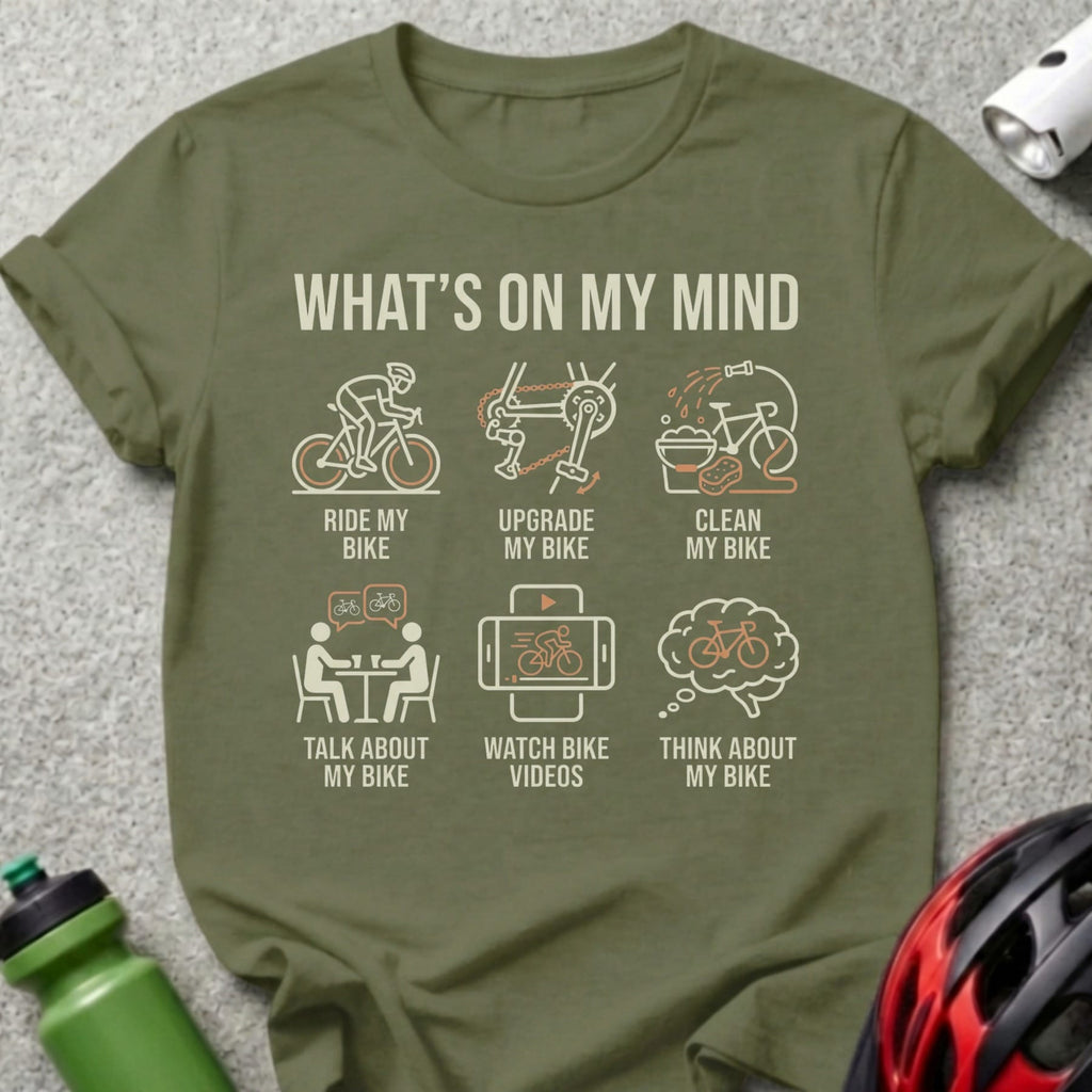 Green t-shirt with bicycle-themed "What's on My Mind" activities.