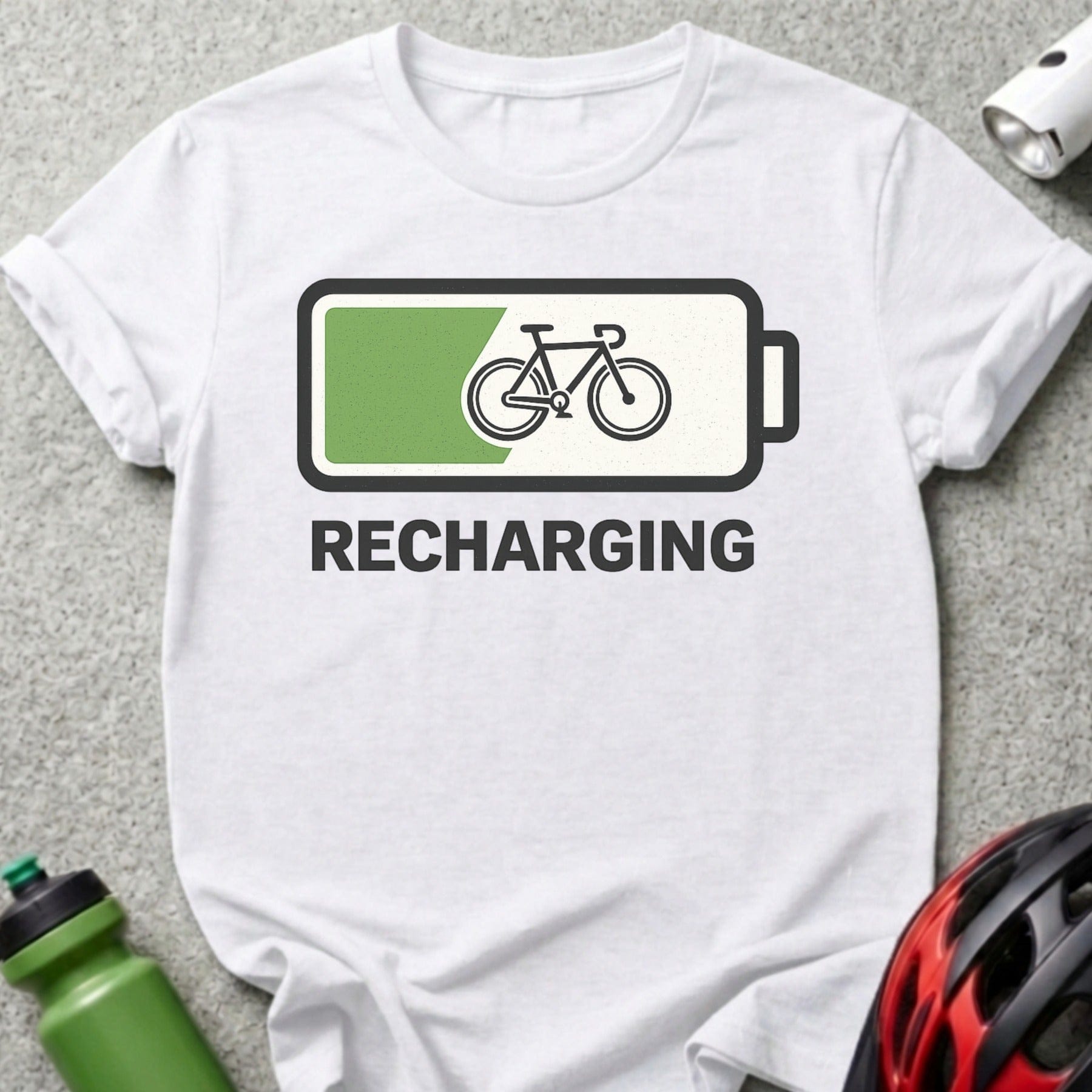 Fun Recharging Bicycle Battery Graphic on White Shirt