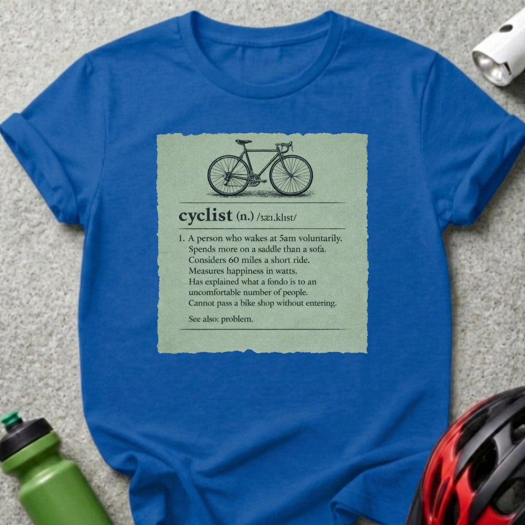 Blue t-shirt with definition of "cyclist" and bicycle illustration.