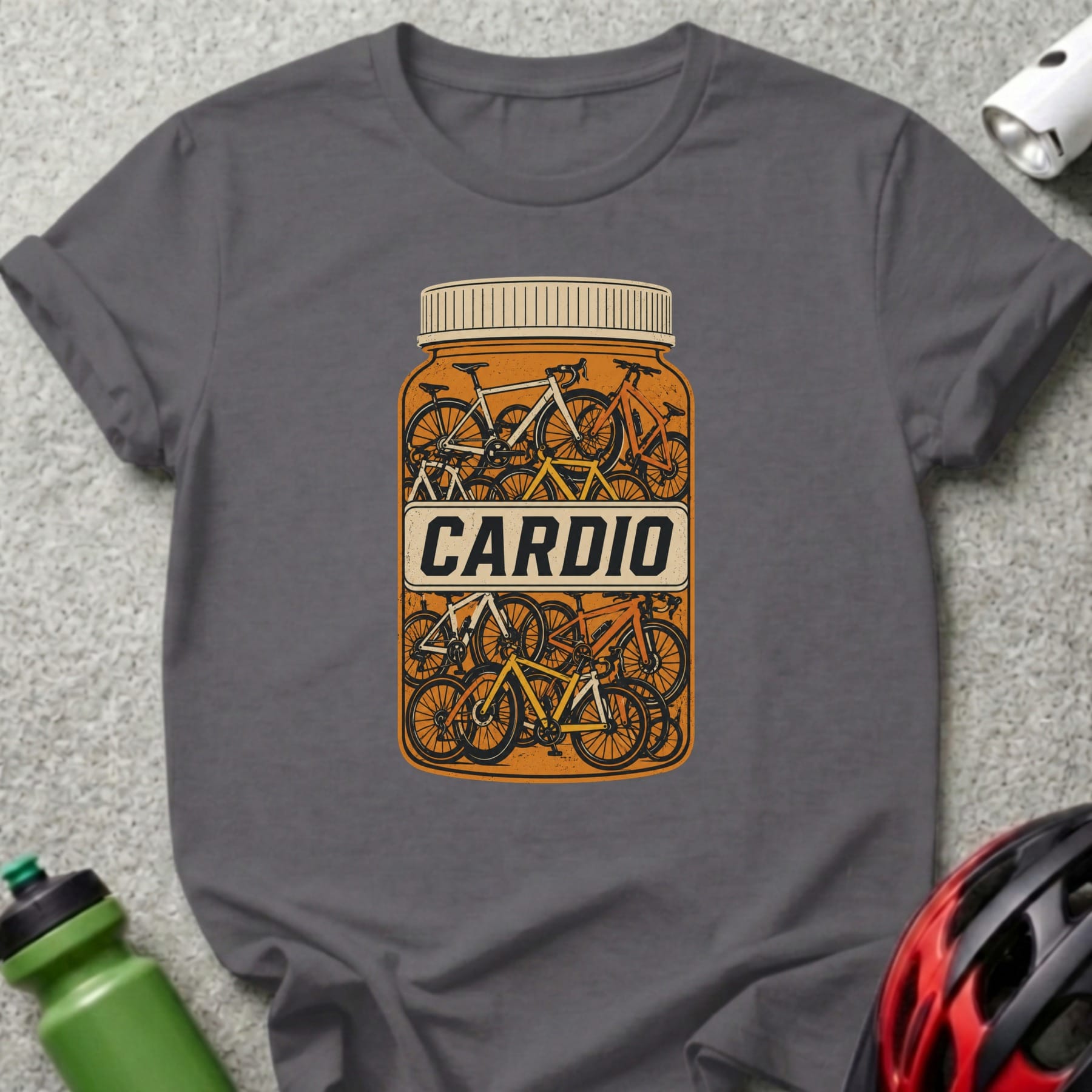 T-shirt with a graphic of a pill bottle filled with bicycles, labeled "CARDIO".