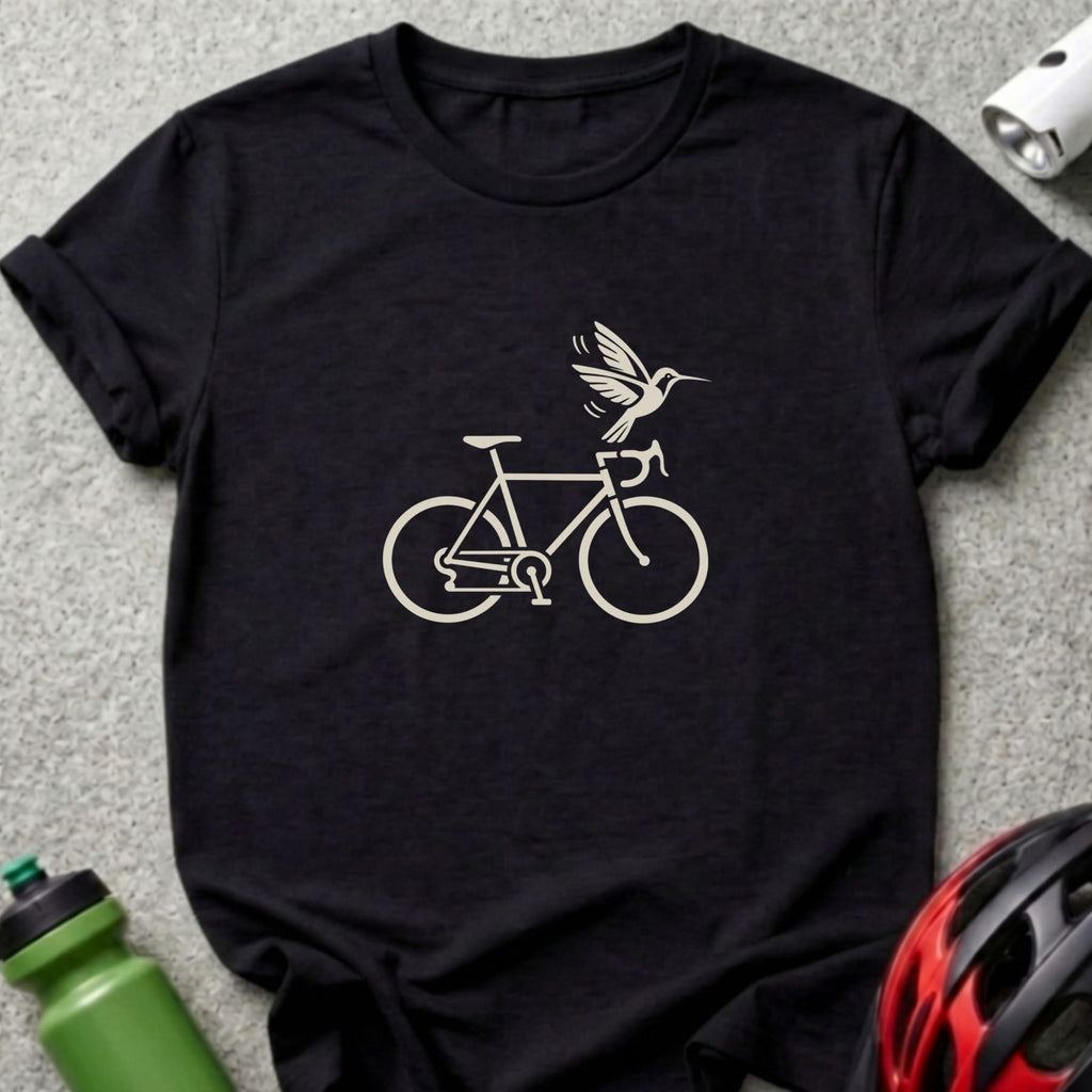 A black short-sleeved t-shirt featuring a white graphic of a bicycle with a hummingbird above the handlebars.