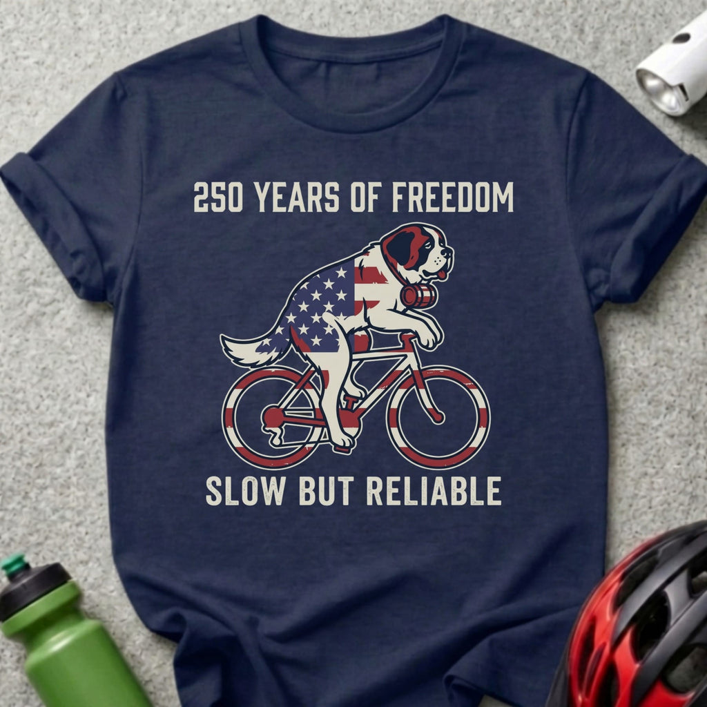 St. Bernard dog wearing American flag bandana rides a bicycle with patriotic text.