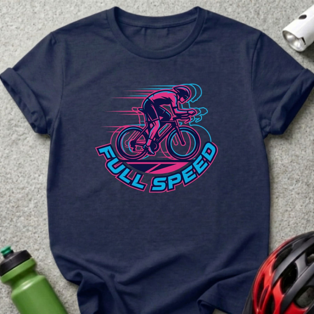 Dark t-shirt with "FULL SPEED" cyclist graphic in pink and blue.