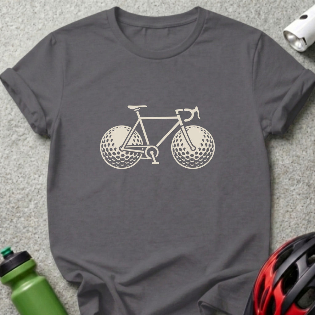 A dark gray crewneck t-shirt featuring a graphic of a bicycle with golf ball wheels.