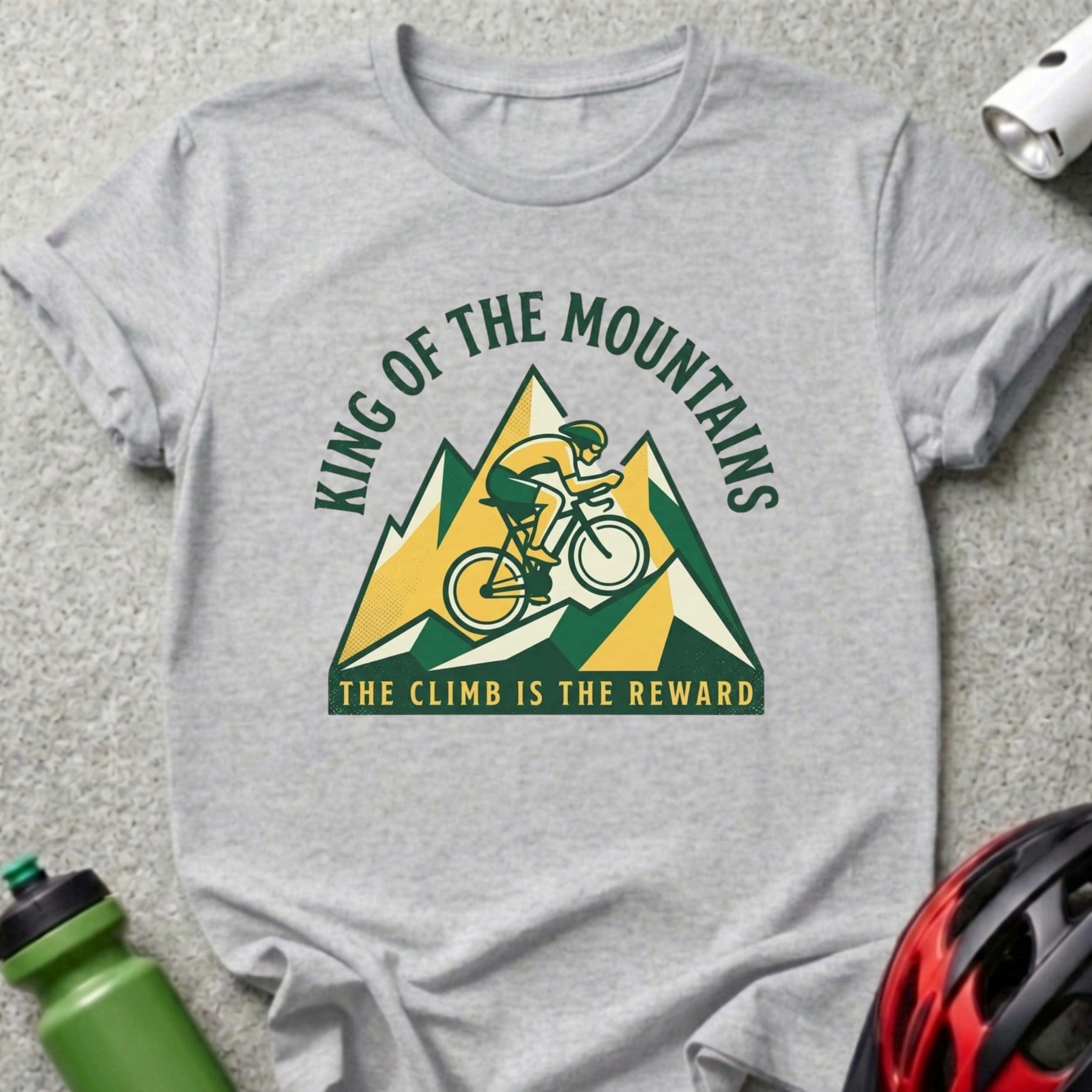 Grey t-shirt with "King of the Mountains" and mountain biking graphic.