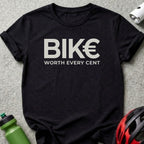 Black t-shirt with "BIKE" and "WORTH EVERY CENT" text.