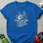 Blue t-shirt featuring white graphic of bicycle, guitar, and checklist text reading Things I Did Today.
