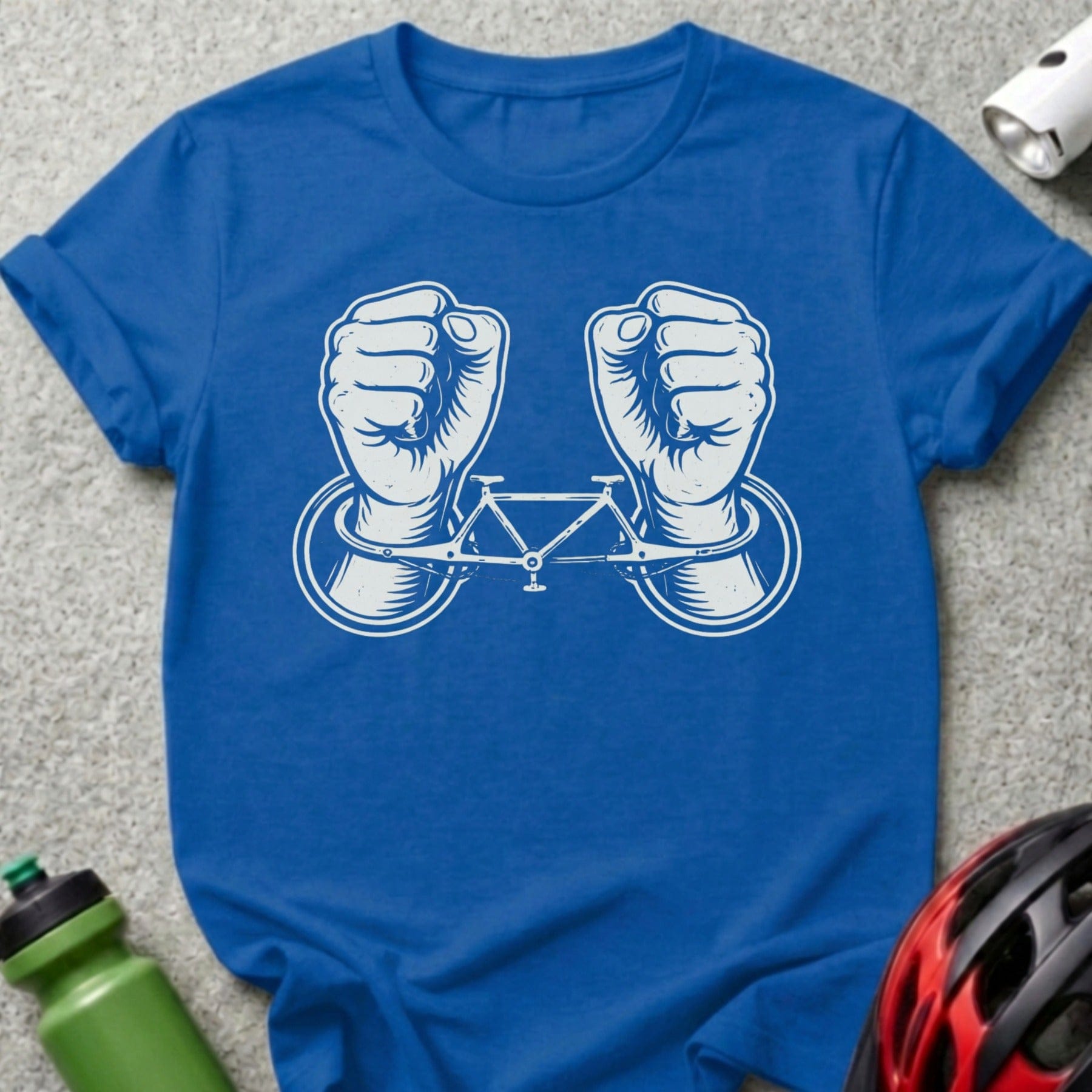Blue T-Shirt with Fists and Bicycle Frame Print