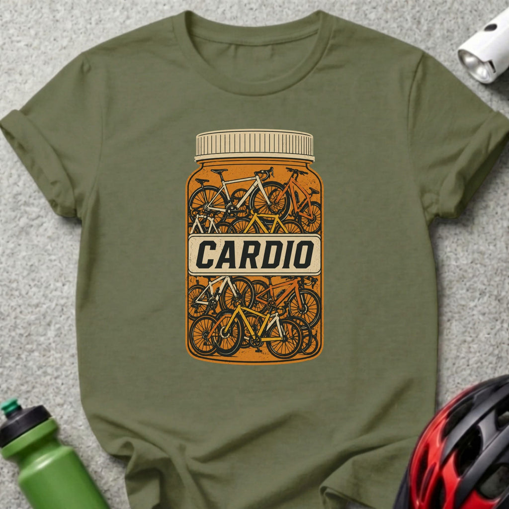 T-shirt with a graphic of a pill bottle labeled "CARDIO" filled with bicycles.