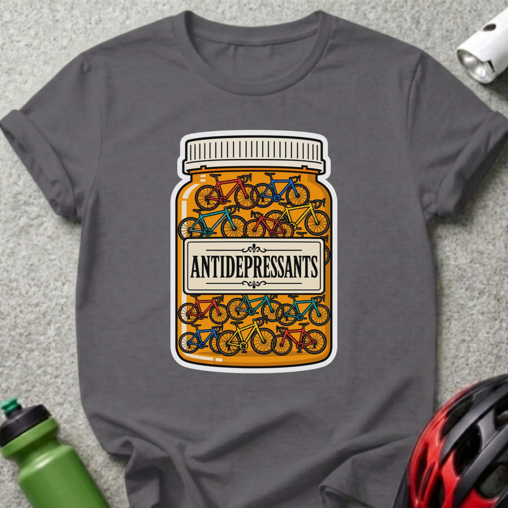 T-shirt with a bottle labeled "ANTIDEPRESSANTS" filled with miniature bicycles.