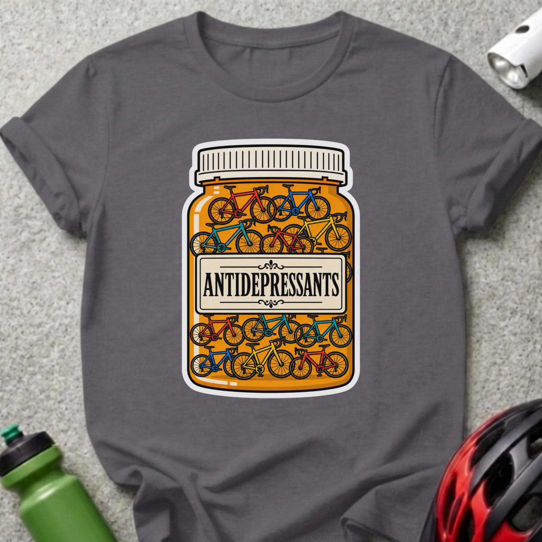 T-shirt with a bottle labeled "ANTIDEPRESSANTS" filled with miniature bicycles.