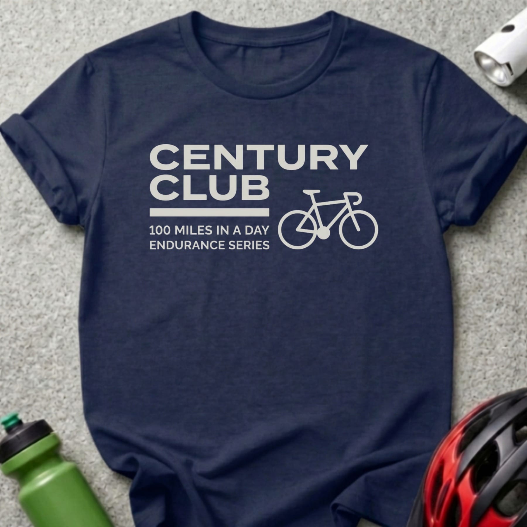 Navy t-shirt with "CENTURY CLUB 100 Miles in a Day Endurance Series" and a bicycle graphic.